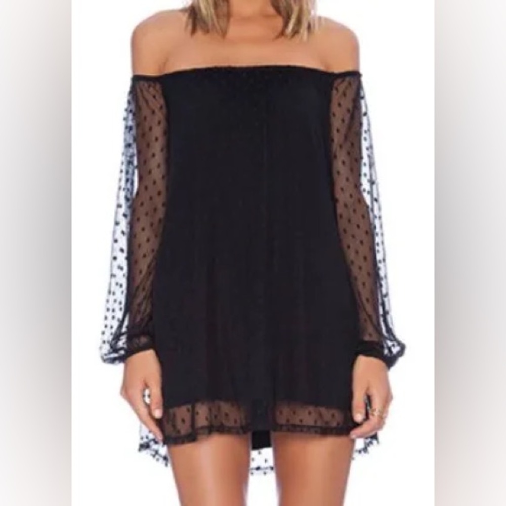 For Love and Lemons Black Sheer Polka Dot Off-Shoulder Dress